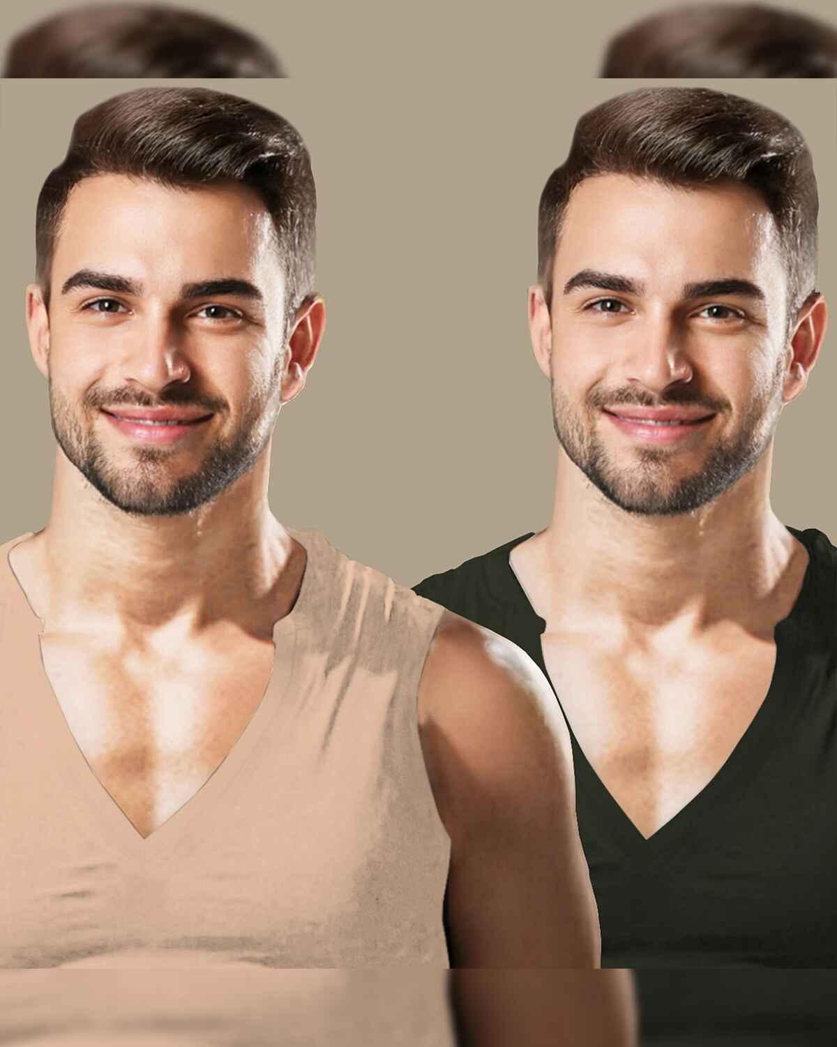 (Pack Of 2) Mens Beige & Olivegreen Plain V-Neck Vests