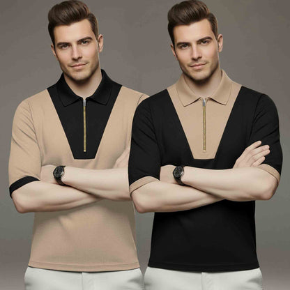 (Pack Of 2) Quarter Zip Polo Neck Vertical Striped Full Sleeve Combo Tshirts - 6 Variants