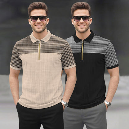 (Pack Of 2) Quarter Zip Polo Neck Printed Tshirts