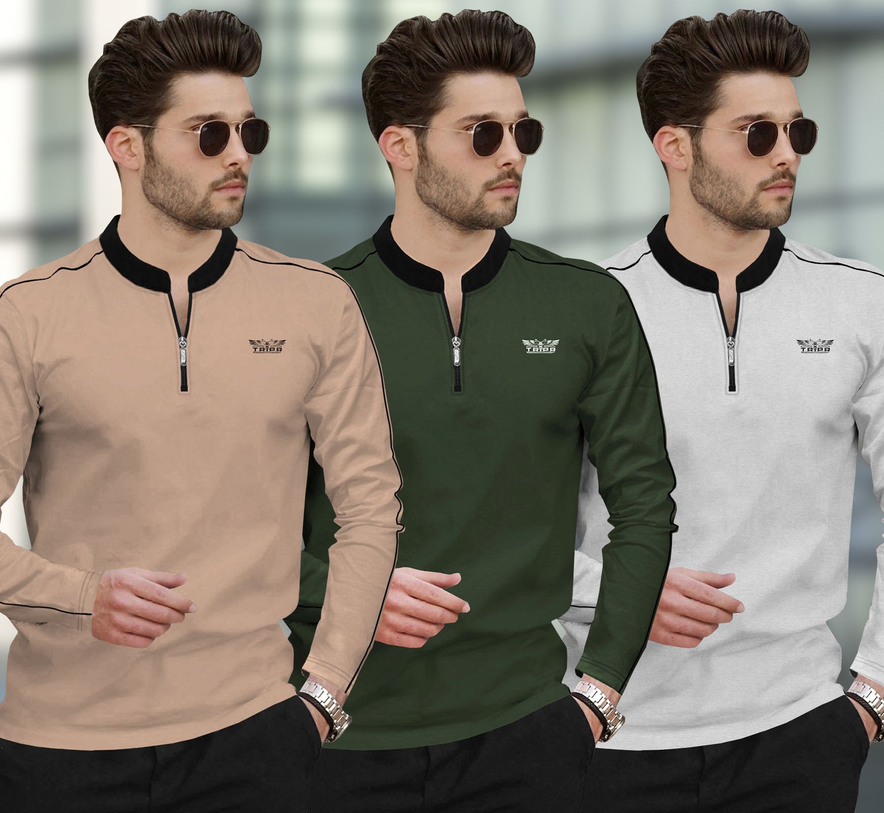 (Pack Of 3) Henley Neck Full Sleeve Colorblocked T-shirts