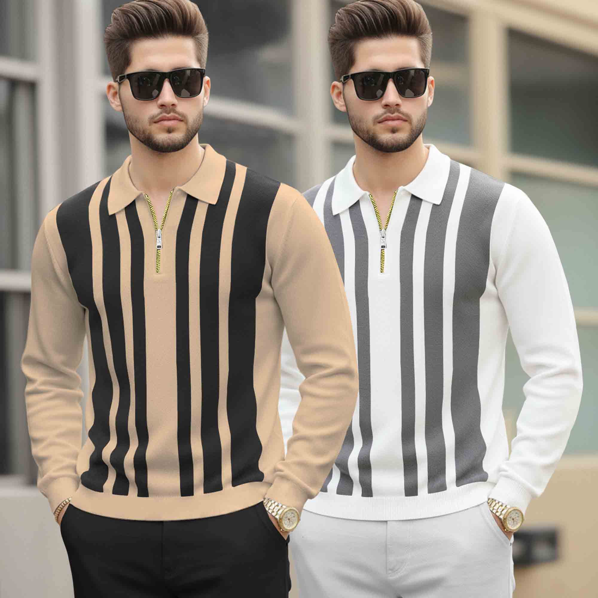 (Pack Of 2) Quarter Zip Polo Neck Vertical Striped Full Sleeve Tshirts- 6 Variants