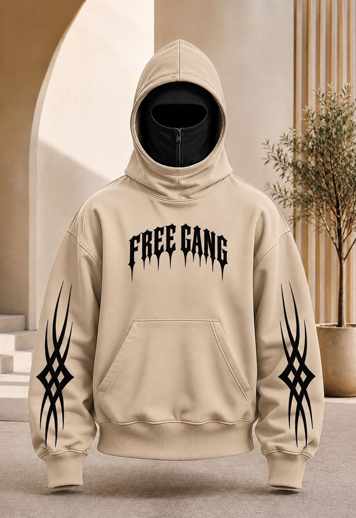 Men Dual Color Hooded Mask Printed Sweatshirt Beige
