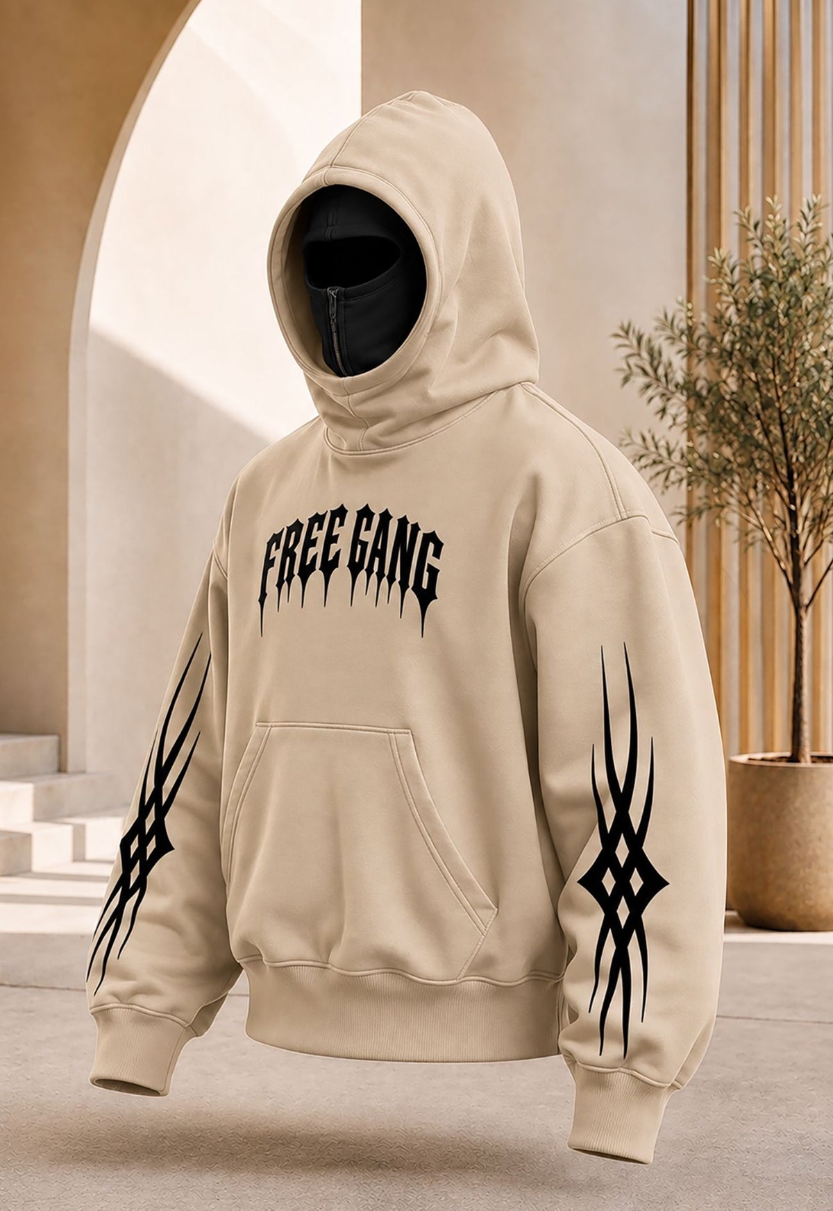 Men Dual Color Hooded Mask Printed Sweatshirt Beige