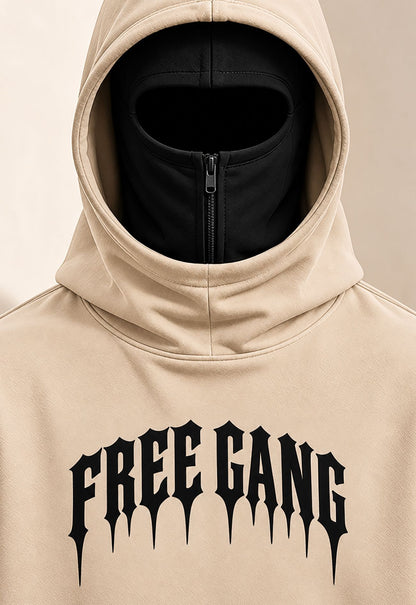 Men Dual Color Hooded Mask Printed Sweatshirt Beige