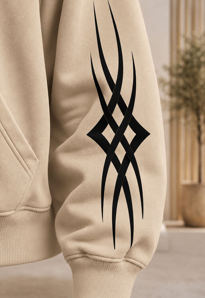 Men Dual Color Hooded Mask Printed Sweatshirt Beige