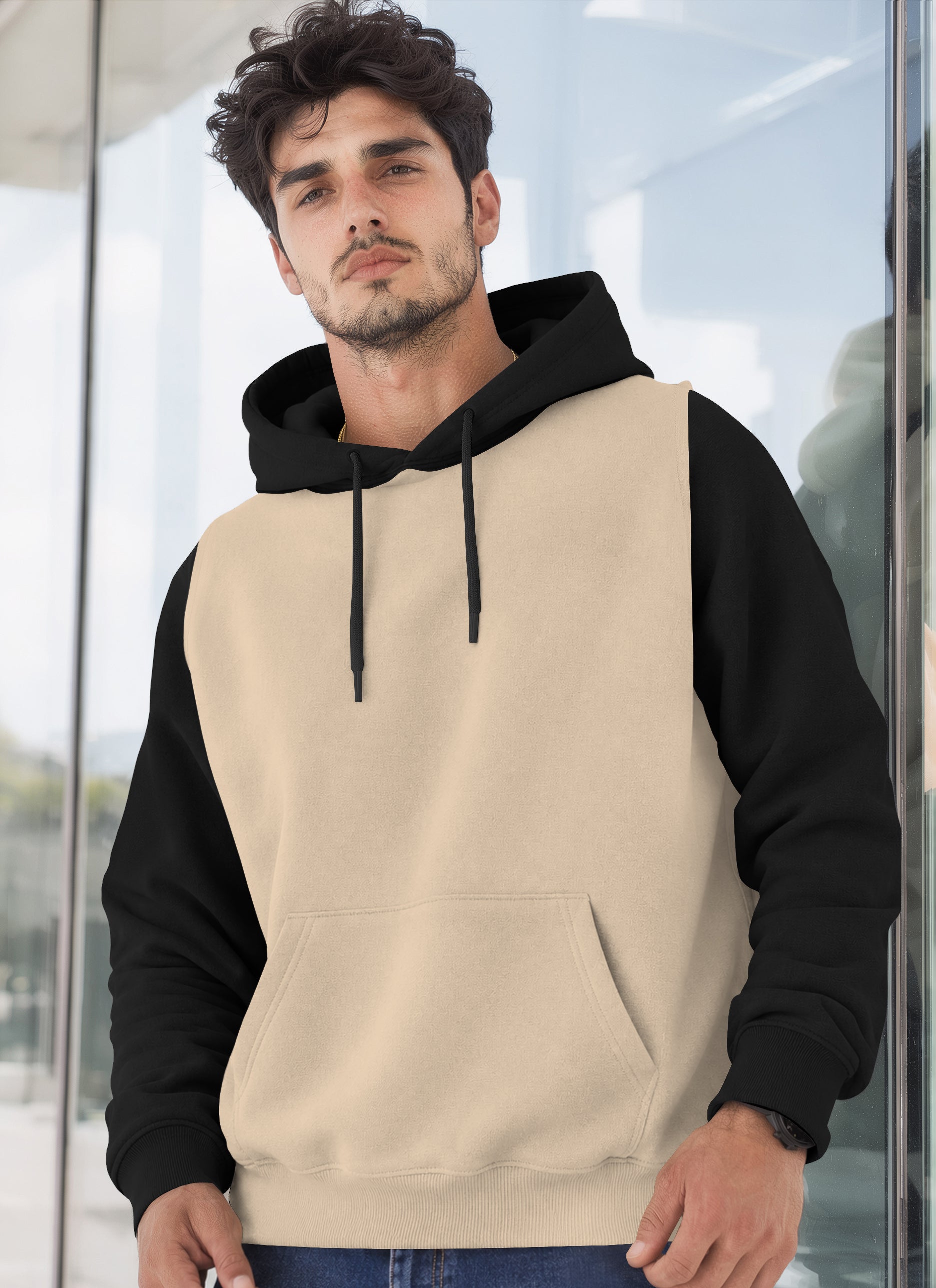Mens Full Sleeve Two-Tone Casual Pullover Hoodie Beige
