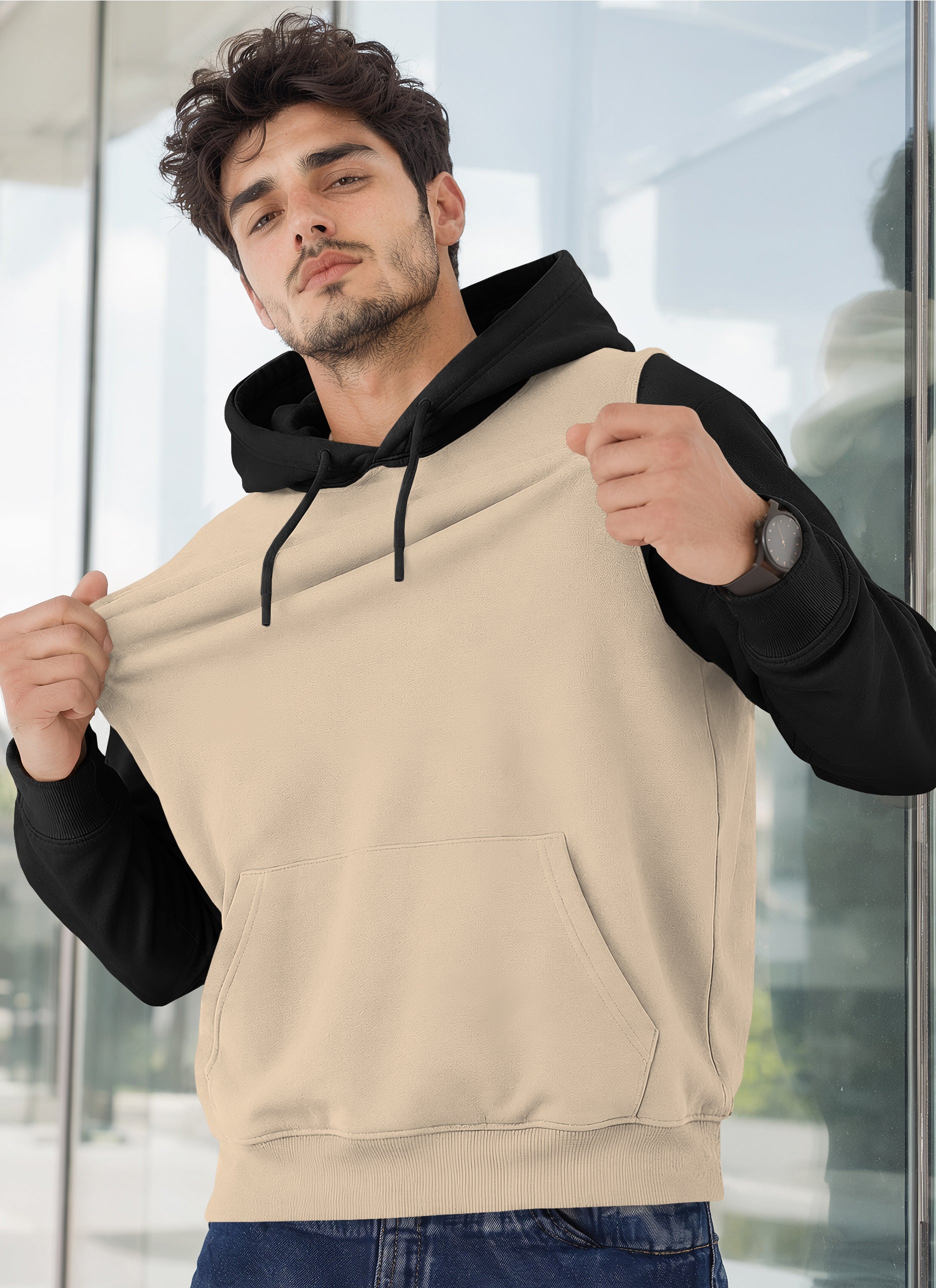 Mens Full Sleeve Two-Tone Casual Pullover Hoodie Beige