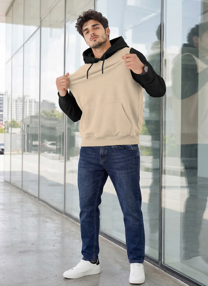 Mens Full Sleeve Two-Tone Casual Pullover Hoodie Beige