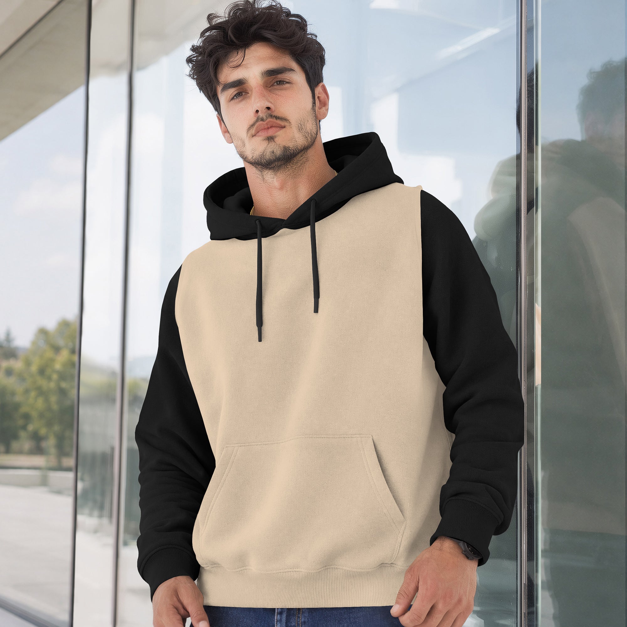 Mens Full Sleeve Two-Tone Casual Pullover Hoodie Beige