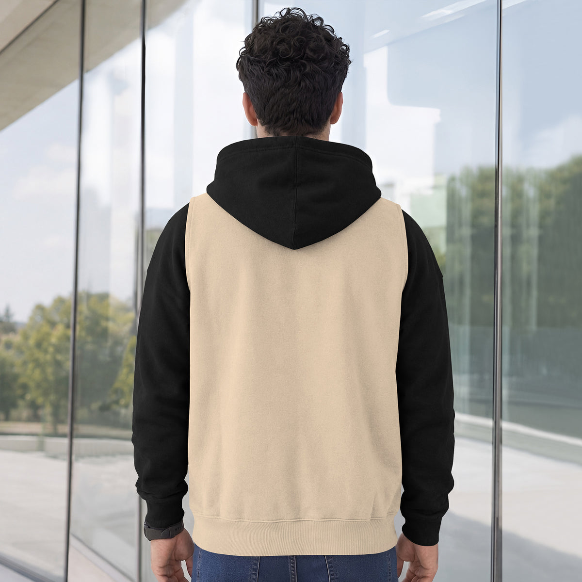 Mens Full Sleeve Two-Tone Casual Pullover Hoodie Beige
