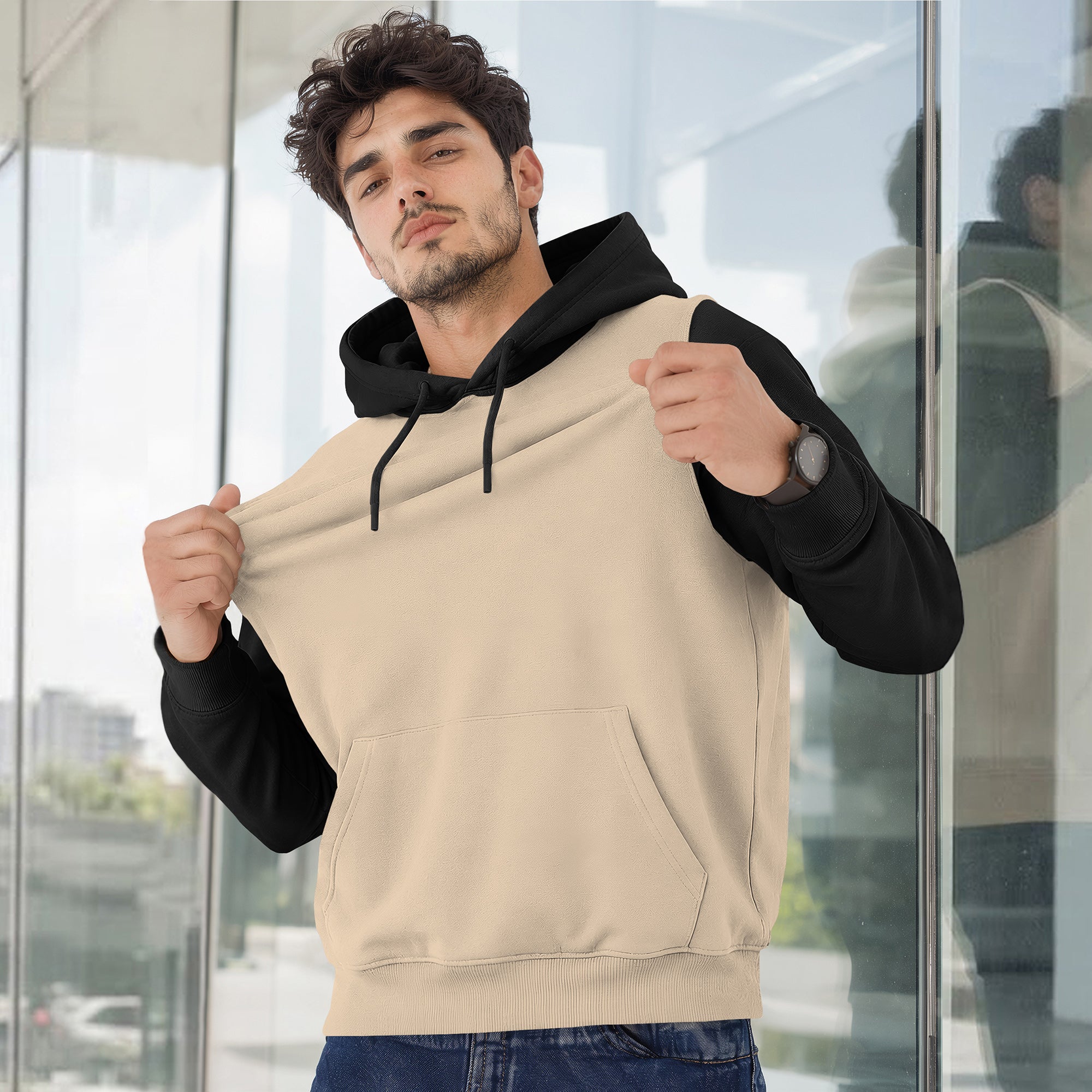 Mens Full Sleeve Two-Tone Casual Pullover Hoodie Beige