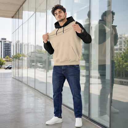 Mens Full Sleeve Two-Tone Casual Pullover Hoodie Beige