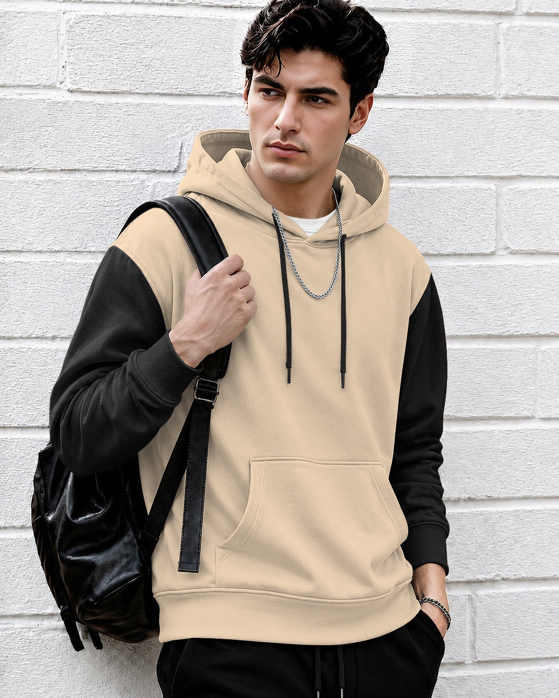Mens Relaxed Fit Two-Tone Casual Pullover Hoodie Beige|Black