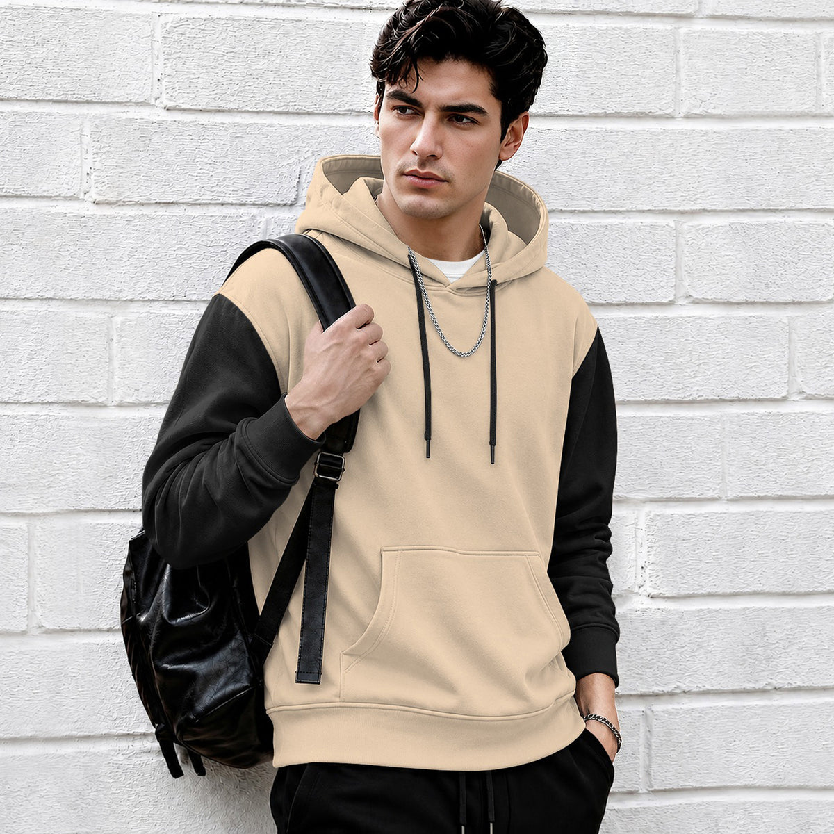 Mens Relaxed Fit Two-Tone Casual Pullover Hoodie Beige|Black