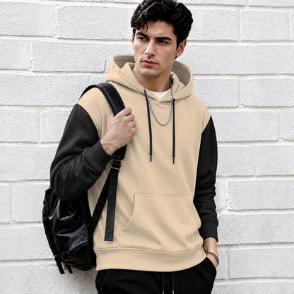 Mens Relaxed Fit Two-Tone Casual Pullover Hoodie Beige|Black