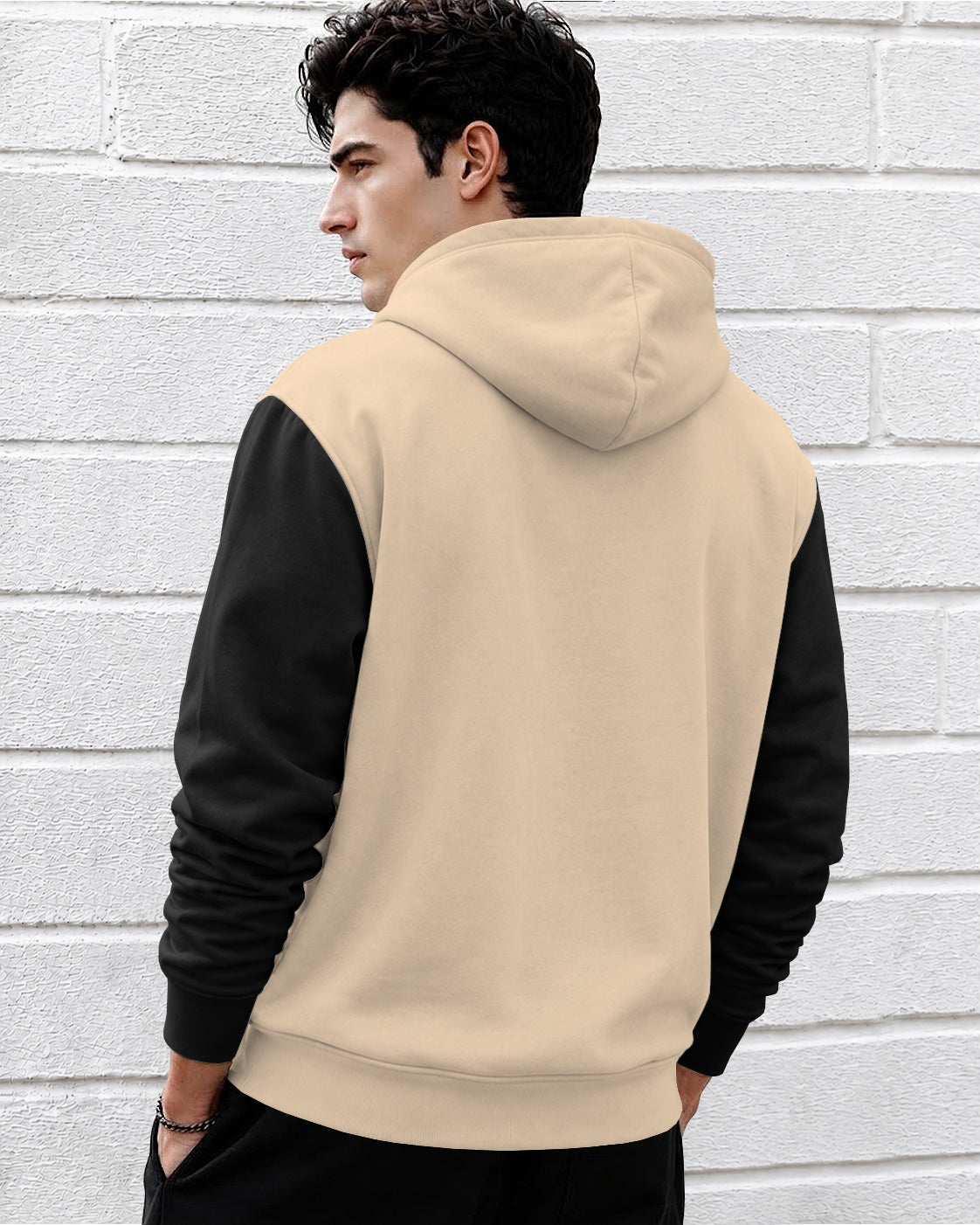 Mens Relaxed Fit Two-Tone Casual Pullover Hoodie Beige|Black