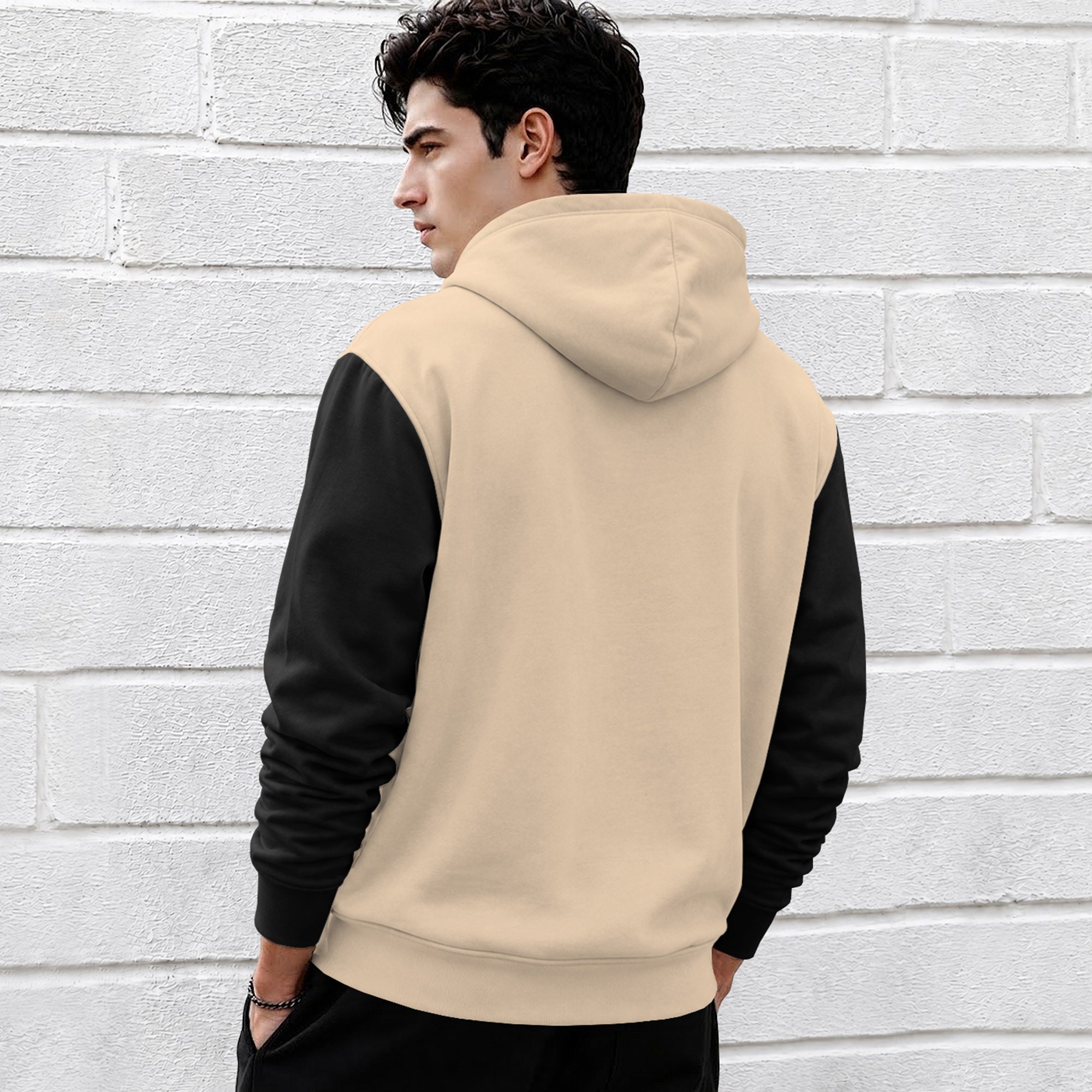 Mens Relaxed Fit Two-Tone Casual Pullover Hoodie Beige|Black