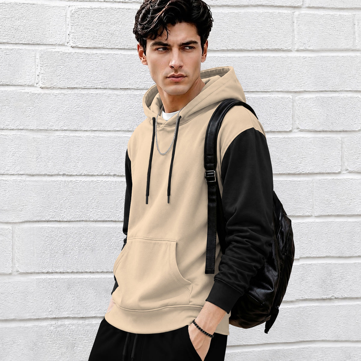 Mens Relaxed Fit Two-Tone Casual Pullover Hoodie Beige|Black