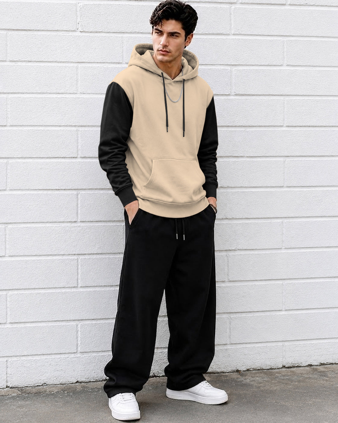 Mens Relaxed Fit Two-Tone Casual Pullover Hoodie Beige|Black