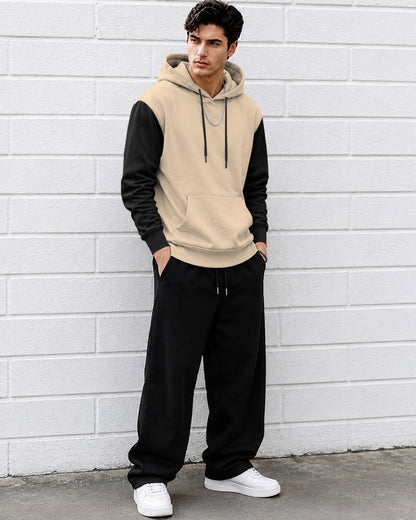 Mens Relaxed Fit Two-Tone Casual Pullover Hoodie Beige|Black