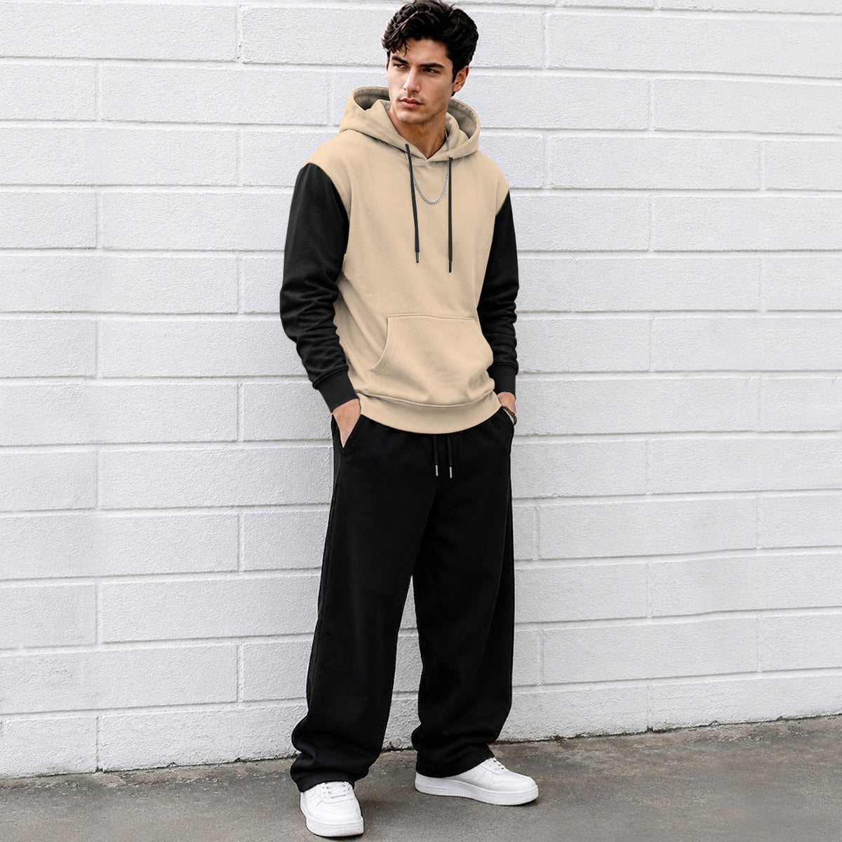 Mens Relaxed Fit Two-Tone Casual Pullover Hoodie Beige|Black