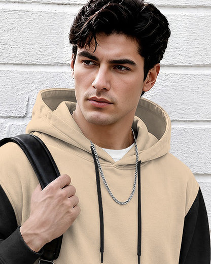 Mens Relaxed Fit Two-Tone Casual Pullover Hoodie Beige|Black