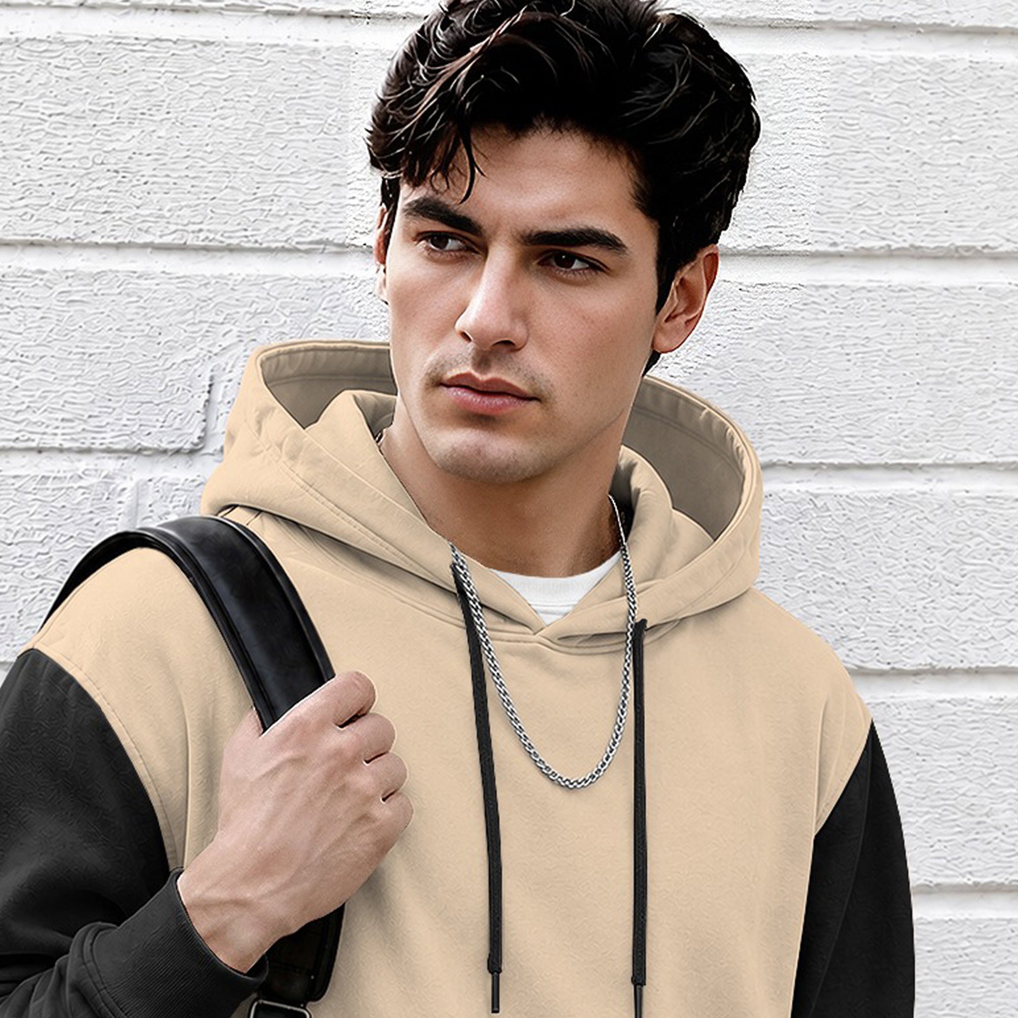 Mens Relaxed Fit Two-Tone Casual Pullover Hoodie Beige|Black