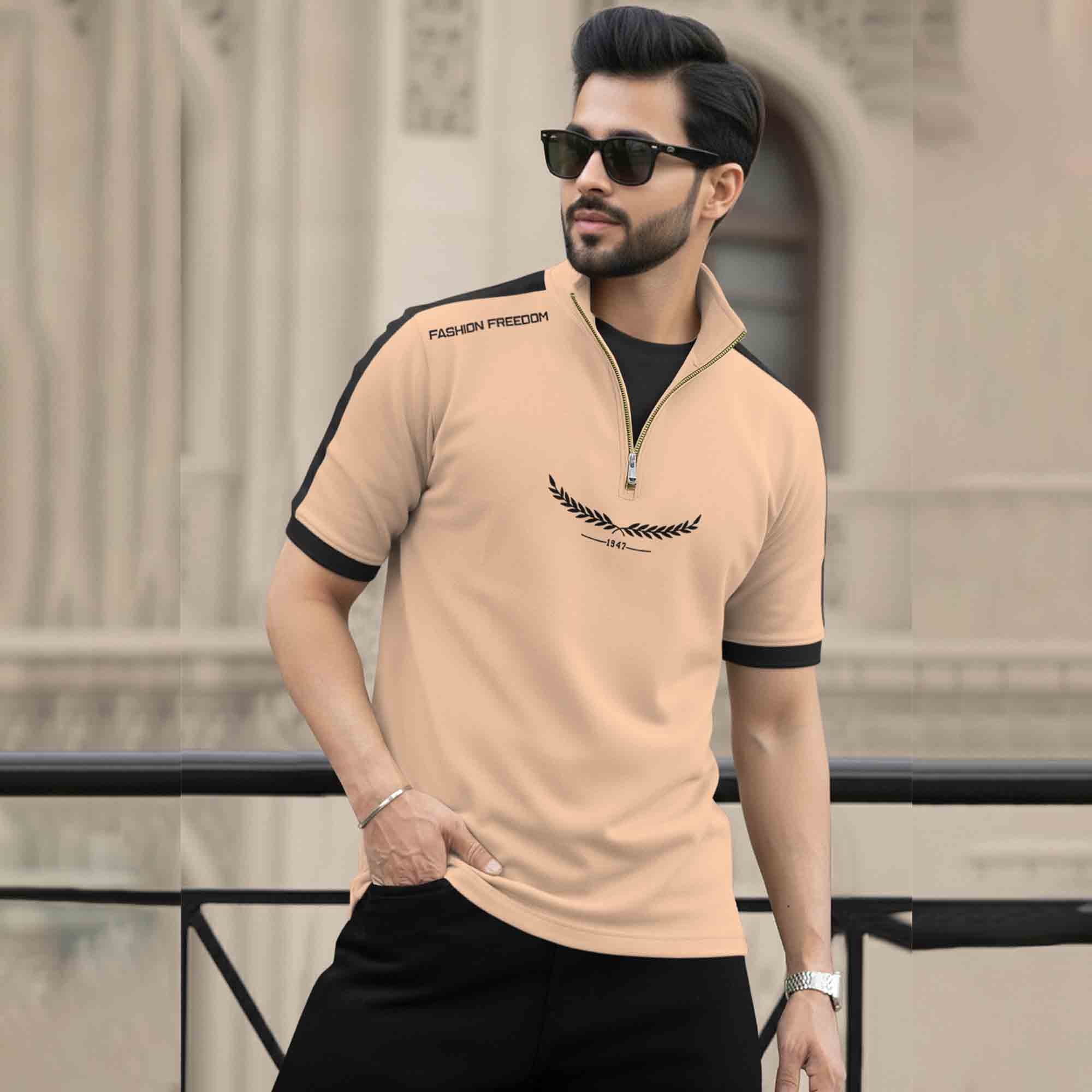Dual Color High Neck Printed Tshirt Beige & White