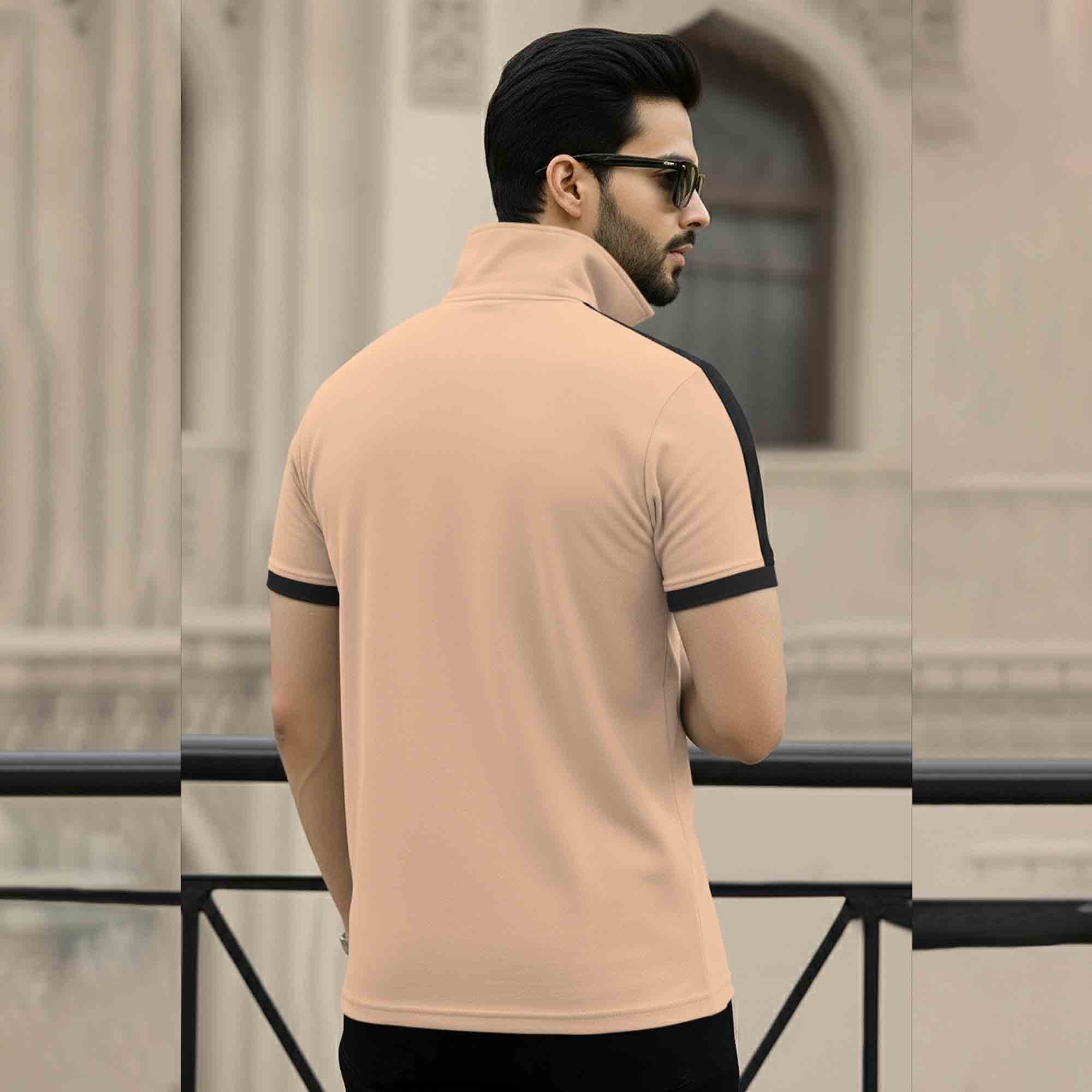 Dual Color High Neck Printed Tshirt Beige & White