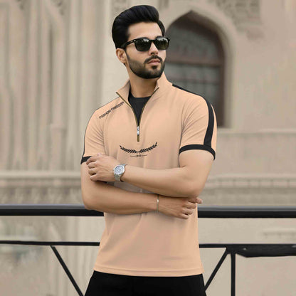 Dual Color High Neck Printed Tshirt Beige & White