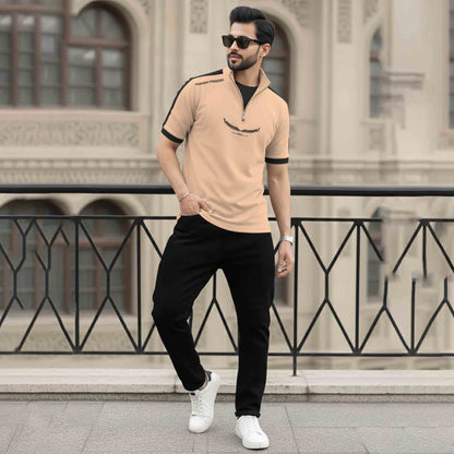 Dual Color High Neck Printed Tshirt Beige & White