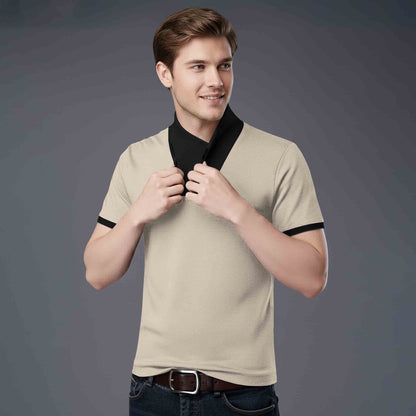 Mens Half Sleeve T-Shirt with Contrast Neck Beige