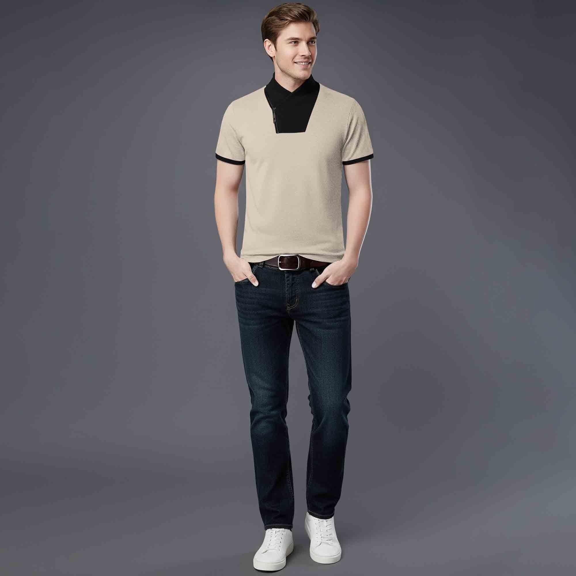 Mens Half Sleeve T-Shirt with Contrast Neck Beige