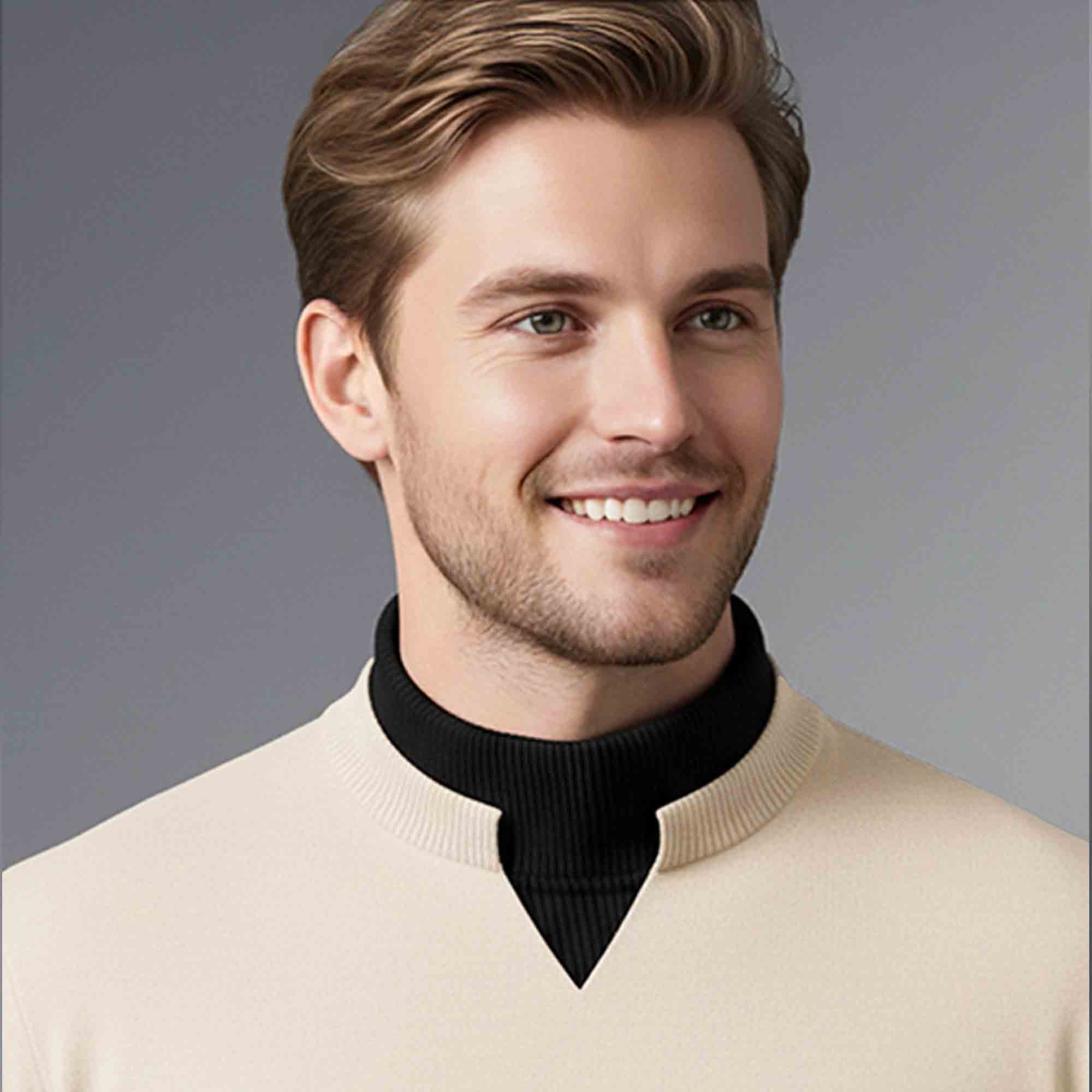 Men Mock Neck Contrast T-shirt Beige-Black
