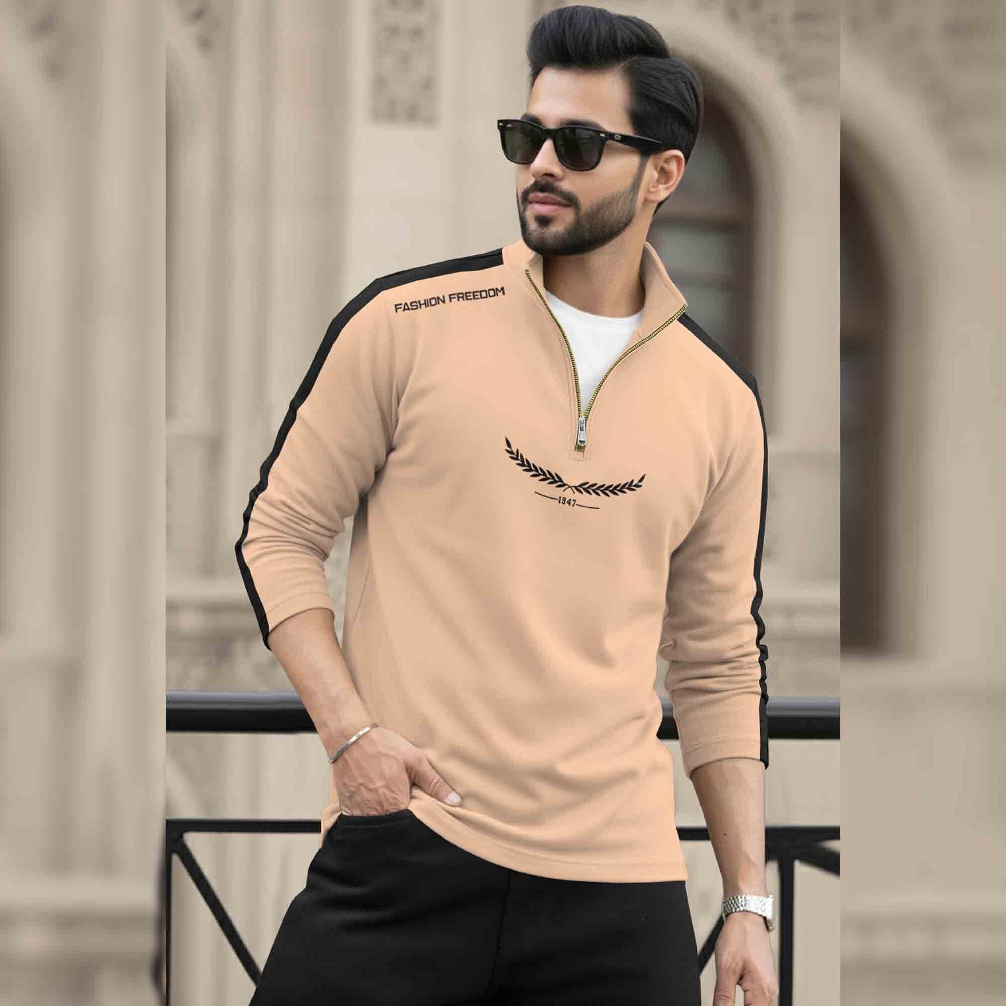Men Full Sleeve Round Neck Cotton Blend Beige-Black T-shirt