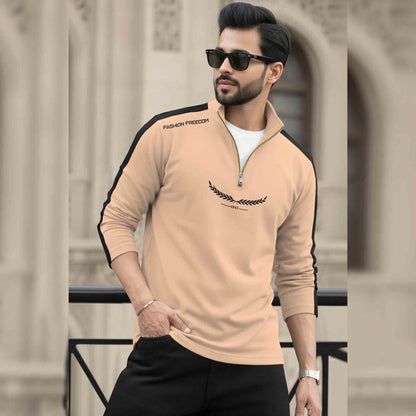 Men Full Sleeve Round Neck Cotton Blend Beige-Black T-shirt