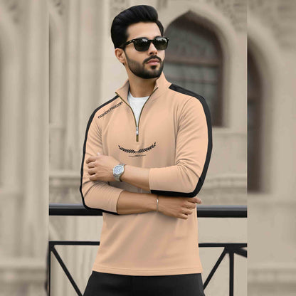 Men Full Sleeve Round Neck Cotton Blend Beige-Black T-shirt