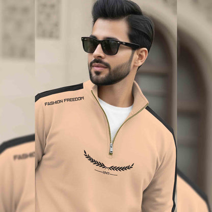 Men Full Sleeve Round Neck Cotton Blend Beige-Black T-shirt