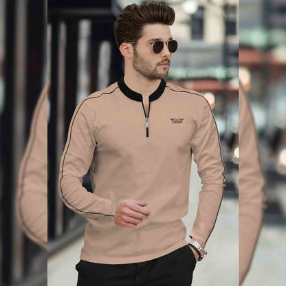 Men Mandarin Collar Full Sleeve Beige T-Shirt