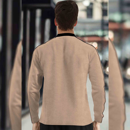 Men Mandarin Collar Full Sleeve Beige T-Shirt
