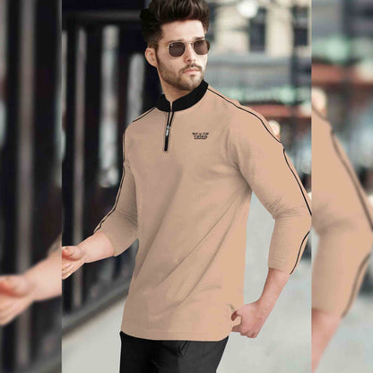 Men Mandarin Collar Full Sleeve Beige T-Shirt
