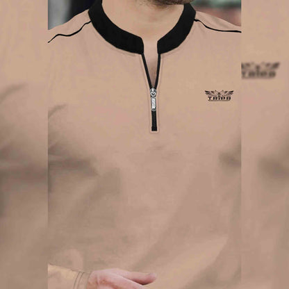 Men Mandarin Collar Full Sleeve Beige T-Shirt