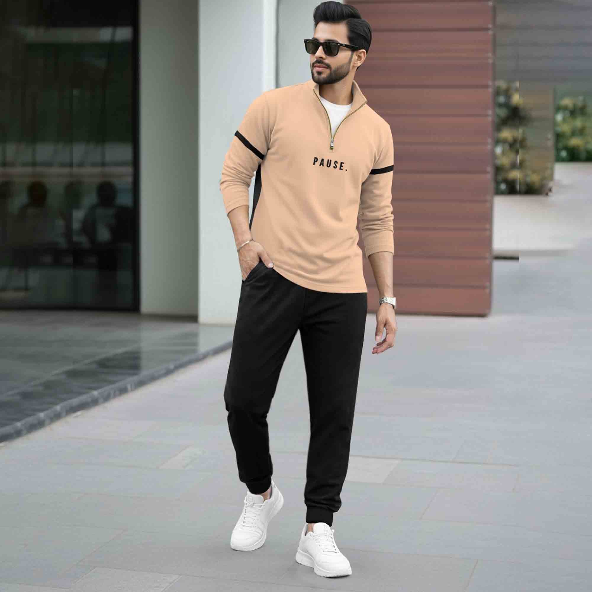 Men Tracksuit - High Neck Full Sleeve Printed T shirts & Plain Track Pants - 17 Variants