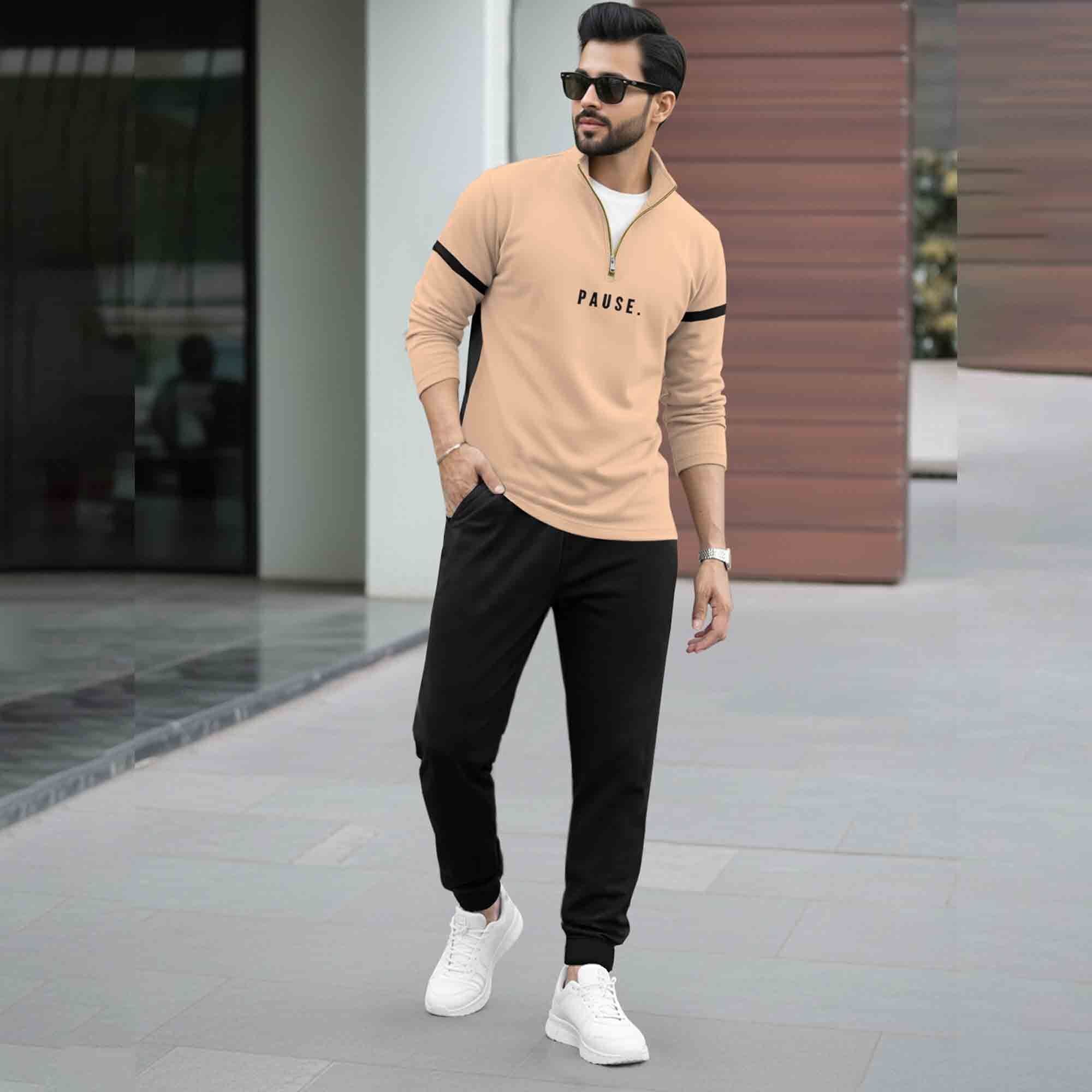 Tracksuit For High Neck Printed T-shirt Plain Black Trackpant