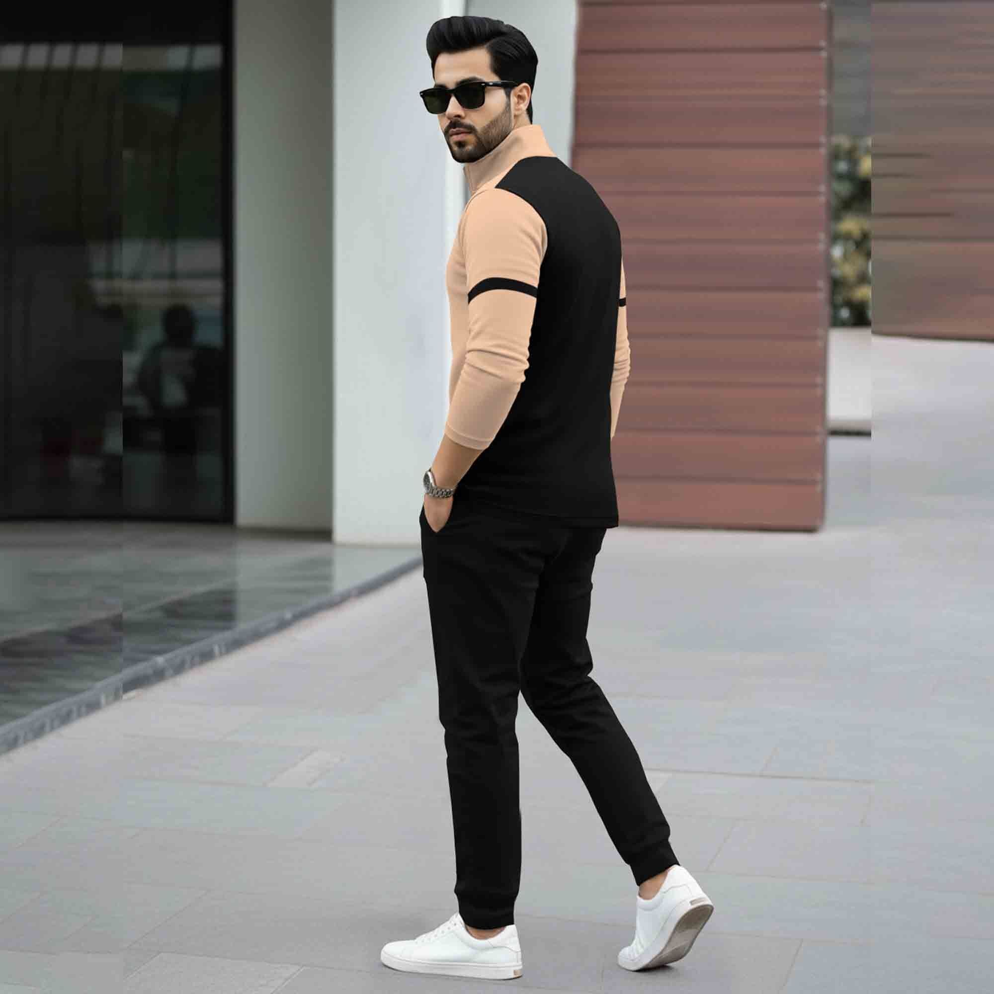 Tracksuit For High Neck Printed T-shirt Plain Black Trackpant