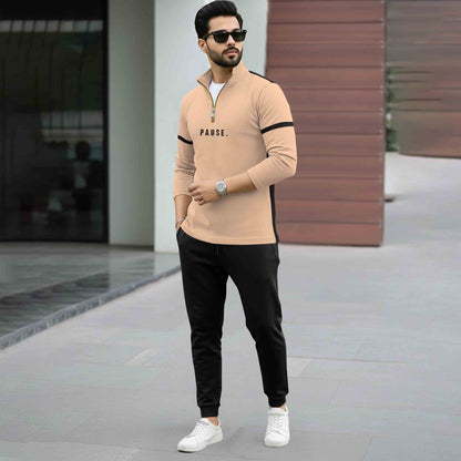 Tracksuit For High Neck Printed T-shirt Plain Black Trackpant