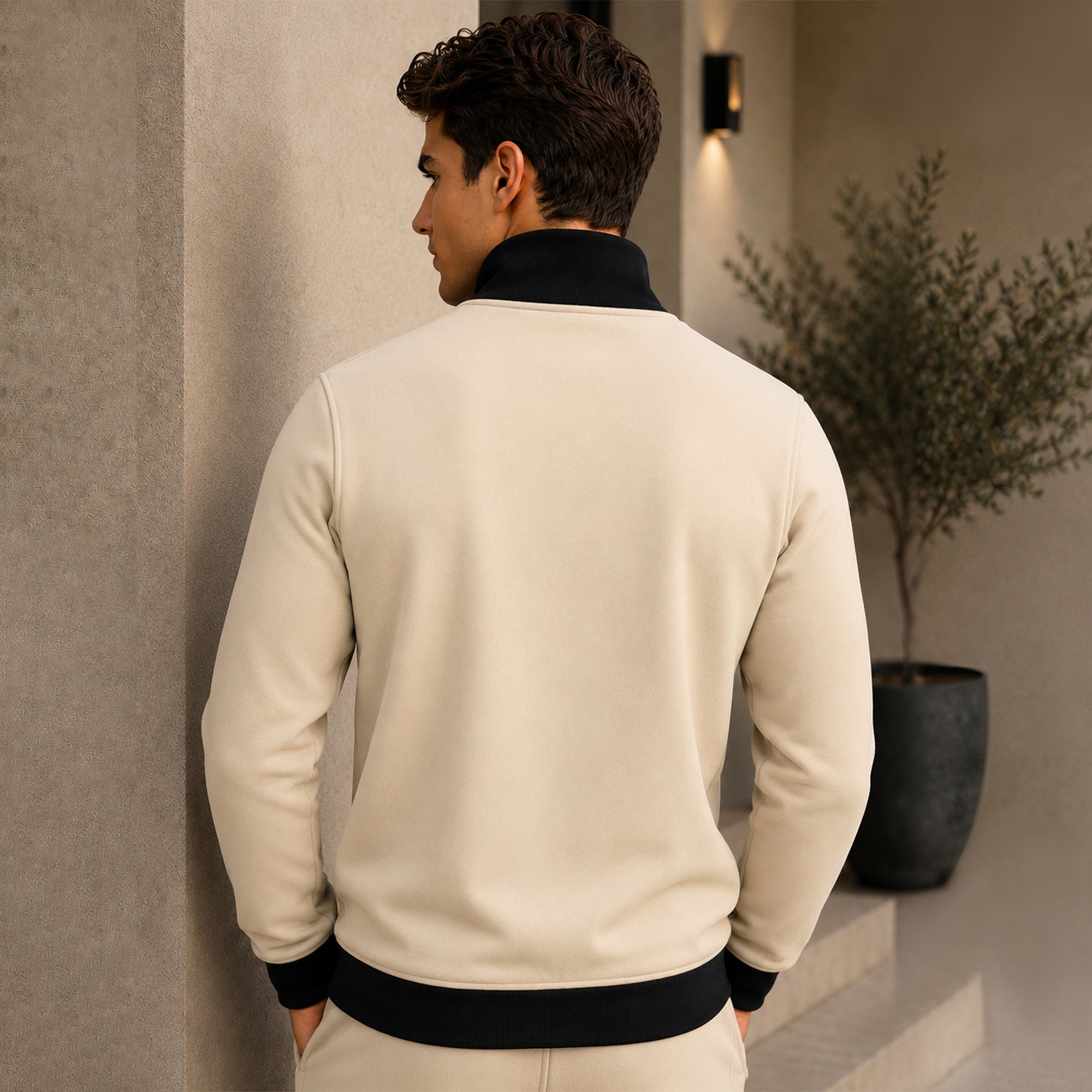 High Neck Color Blocked Winter Jacket Beige