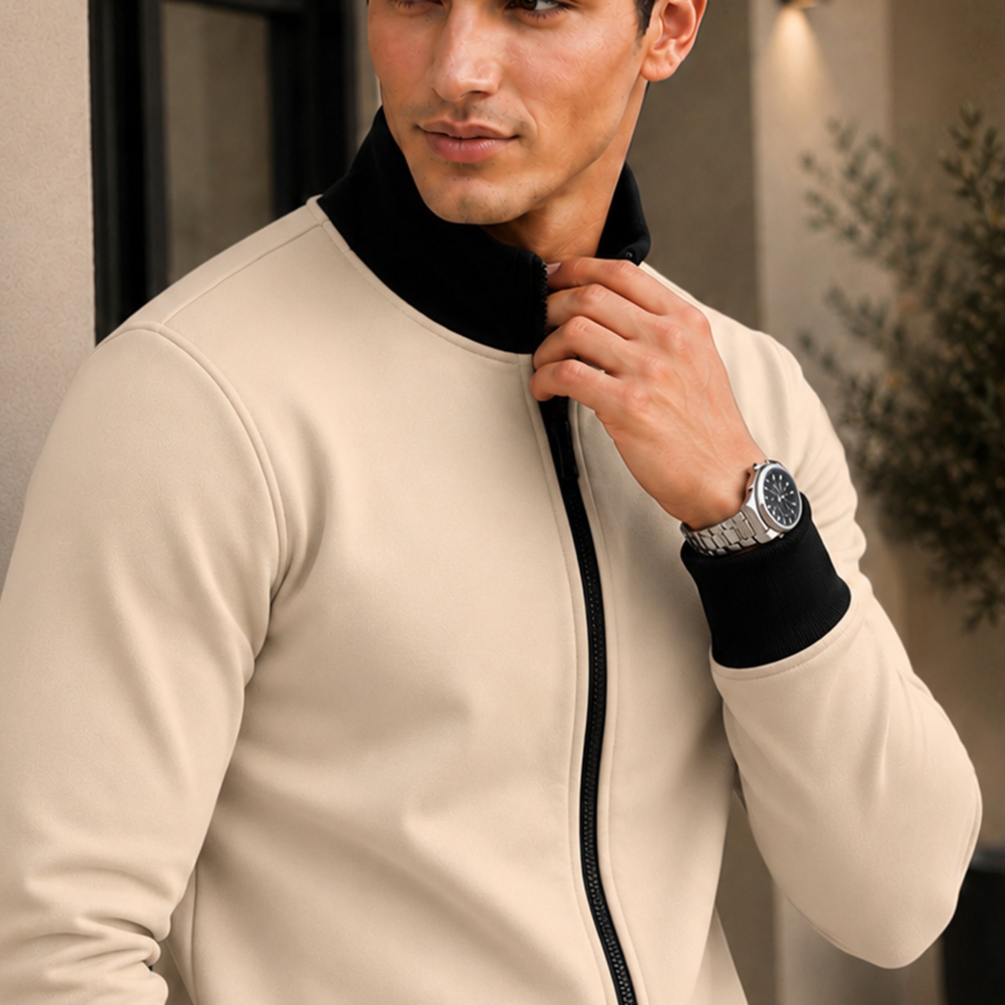 High Neck Color Blocked Winter Jacket Beige
