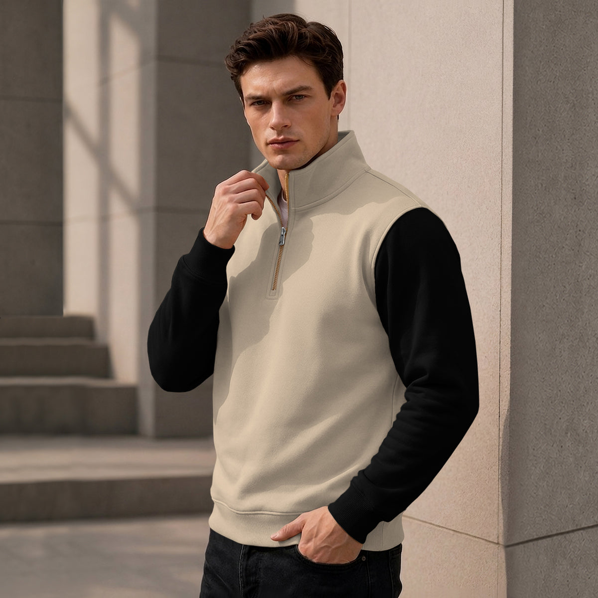 Colorblocked Quarter Zip Neck Full Sleeve Sweatshirt Beige