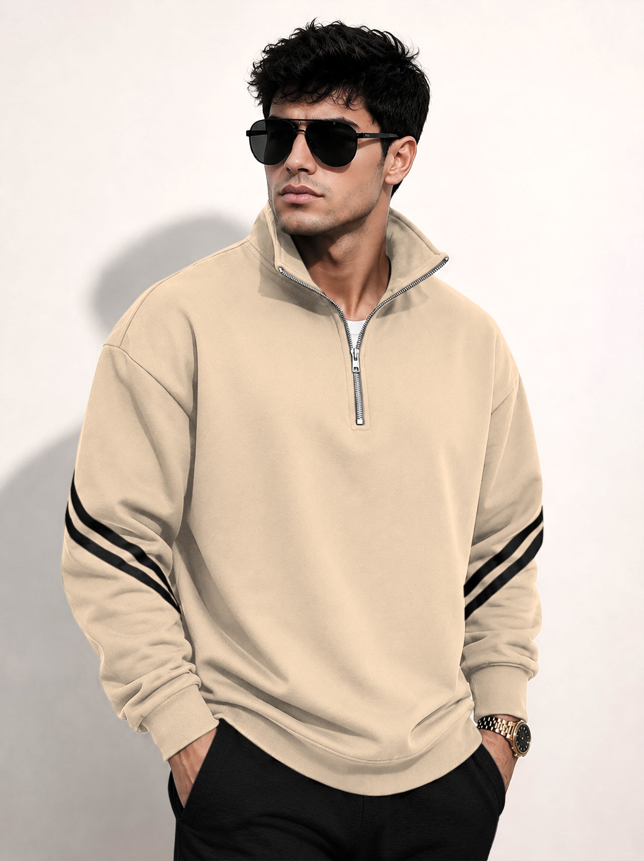 Mens Contrast Stripe Full Sleeve Pullover Sweatshirt Beige